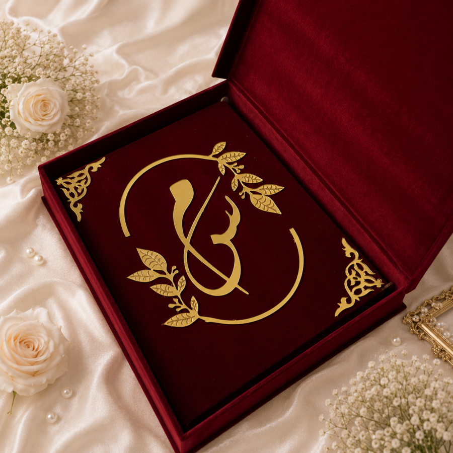 Custom nikah contract book and velvet box set with gold acrylic details, names and wedding date