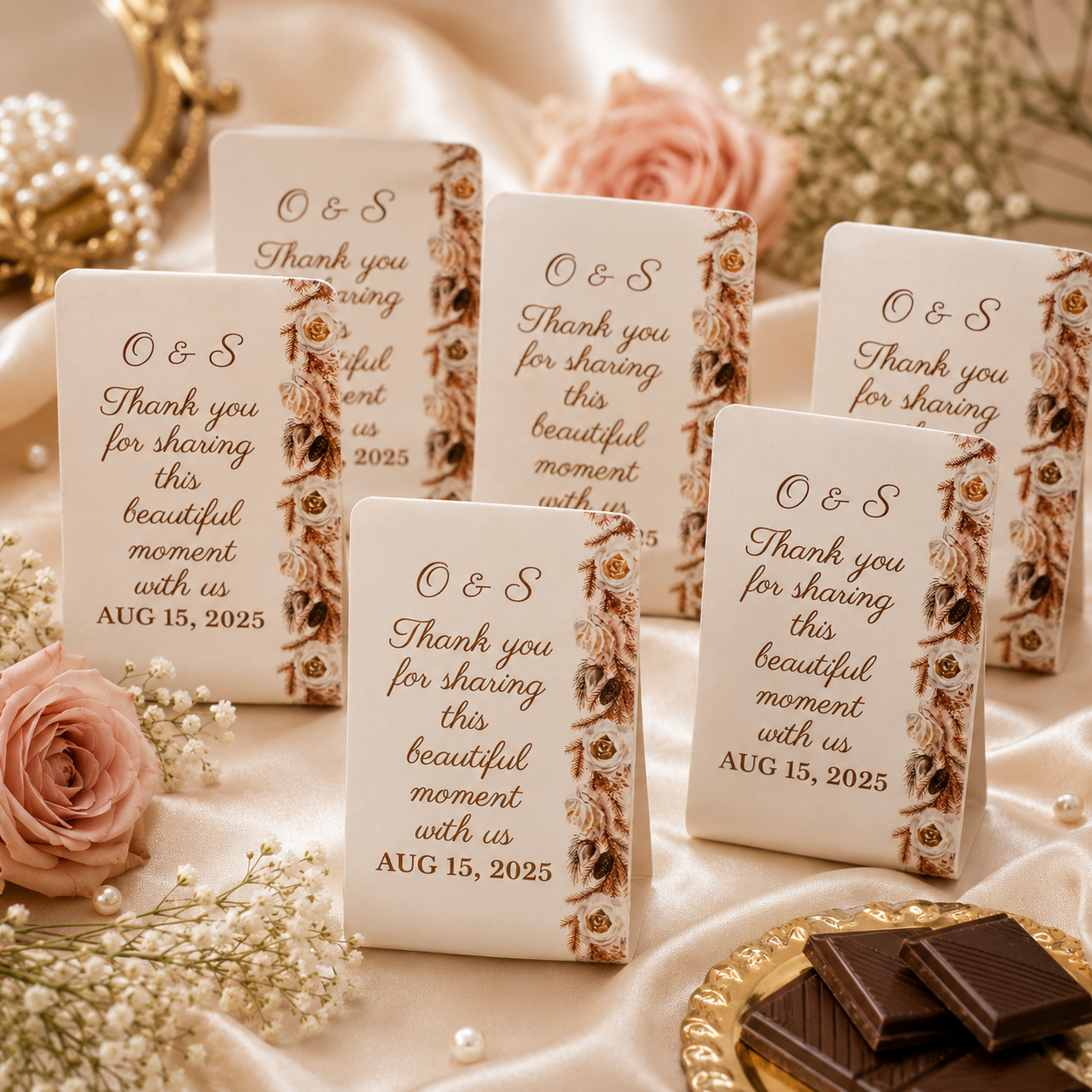 Personalized event favor boxes displayed in quantity for wedding, engagement or nikah celebration