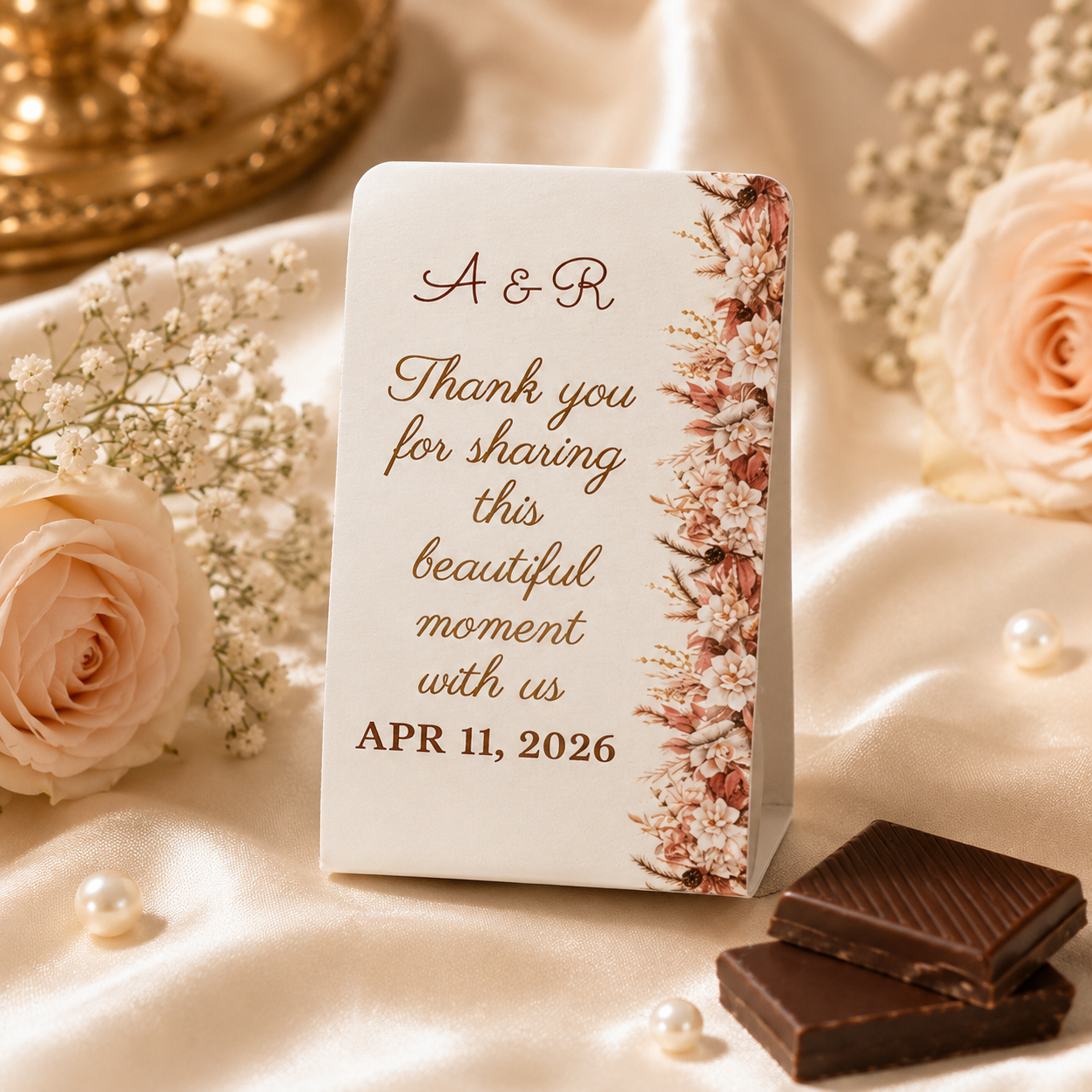 Close-up of ivory wedding favor box with satin bow, custom print color and elegant handmade detail