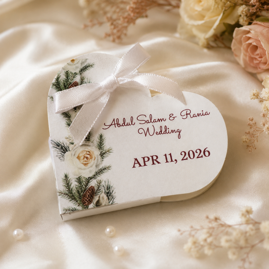 Personalized heart chocolate wedding favor card with custom names, date and satin bow by Ronaia Craft