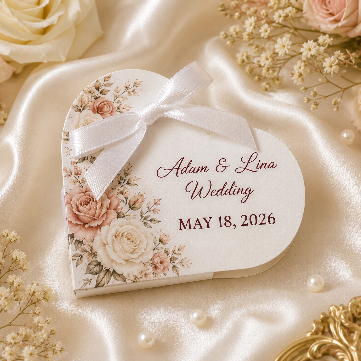 Custom heart-shaped chocolate favor with personalized names, event date and ivory wedding styling