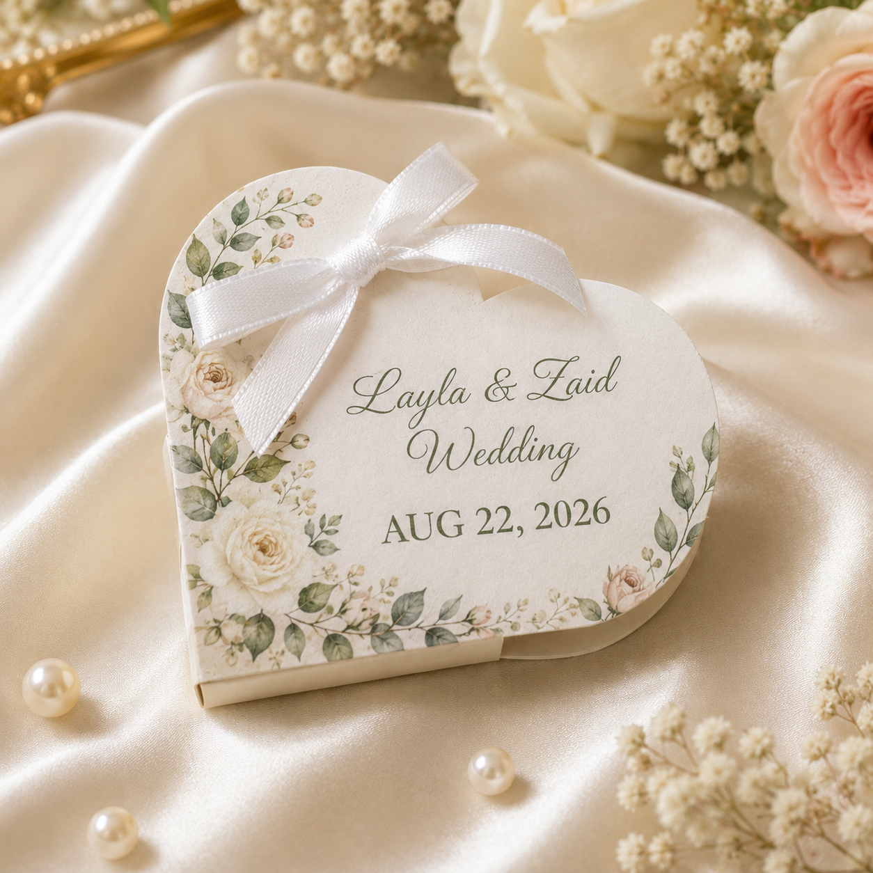 Close-up of heart wedding chocolate favor card with floral design, satin ribbon and custom date