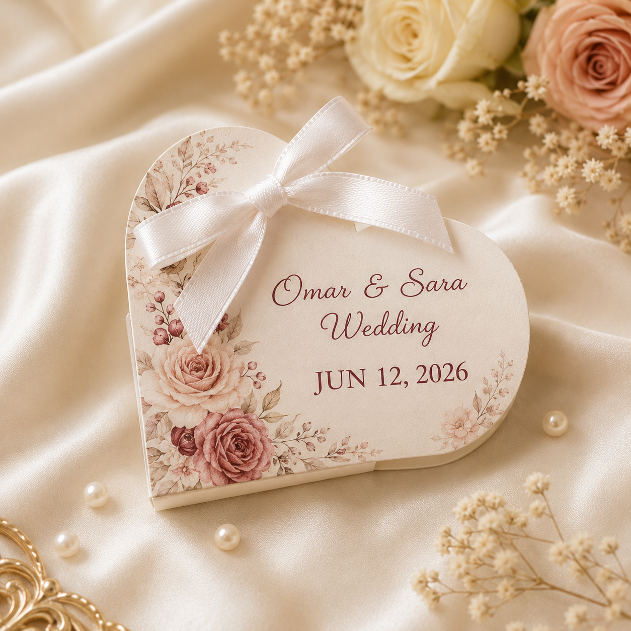 Personalized heart chocolate favors displayed in quantity for wedding, engagement or nikah event