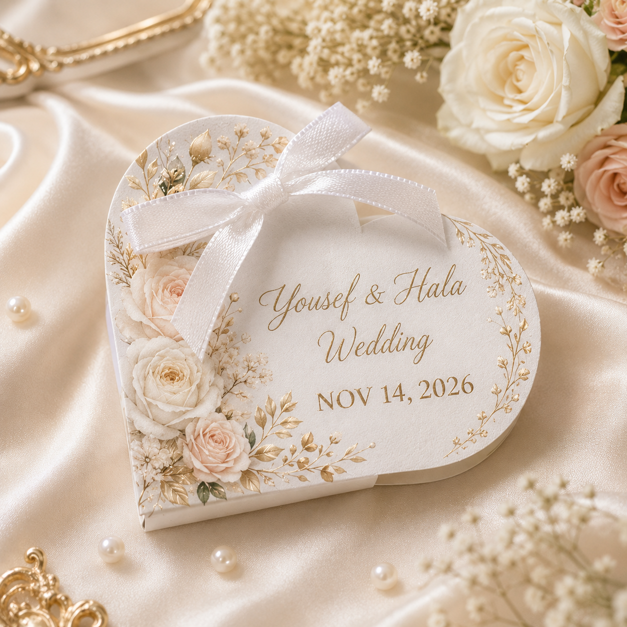 Made to order heart chocolate event favor with custom names, colors and wedding date