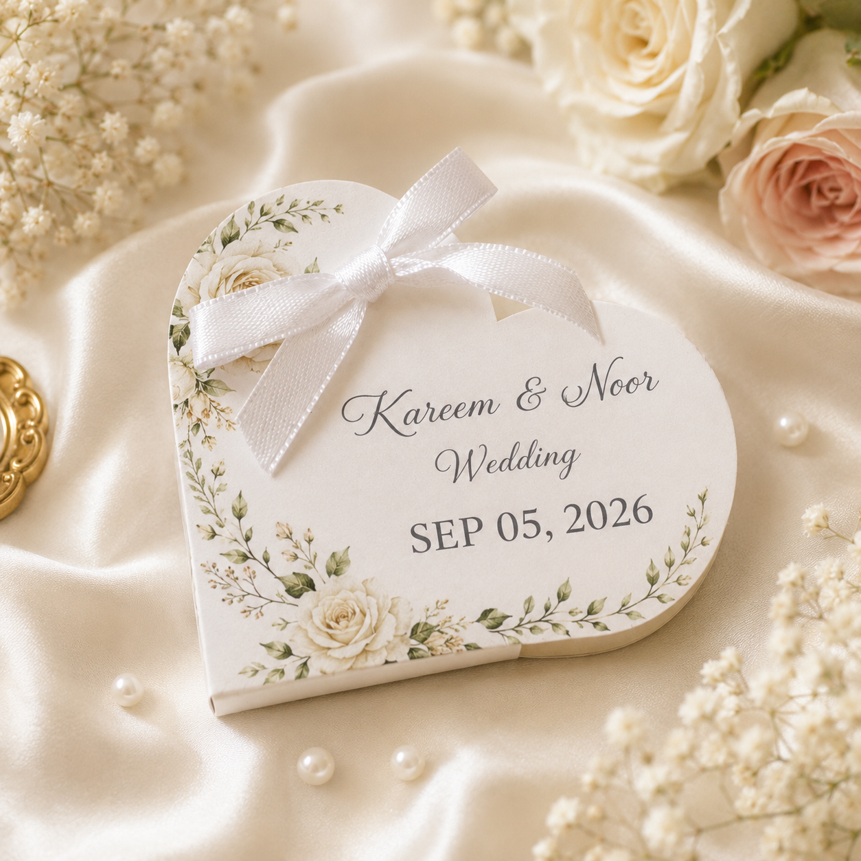 Luxury heart-shaped chocolate favors styled with ivory satin, roses, pearls and soft wedding details
