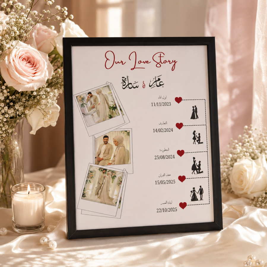 Personalized wedding frame styled with roses and gold accessories by Ronaia Craft