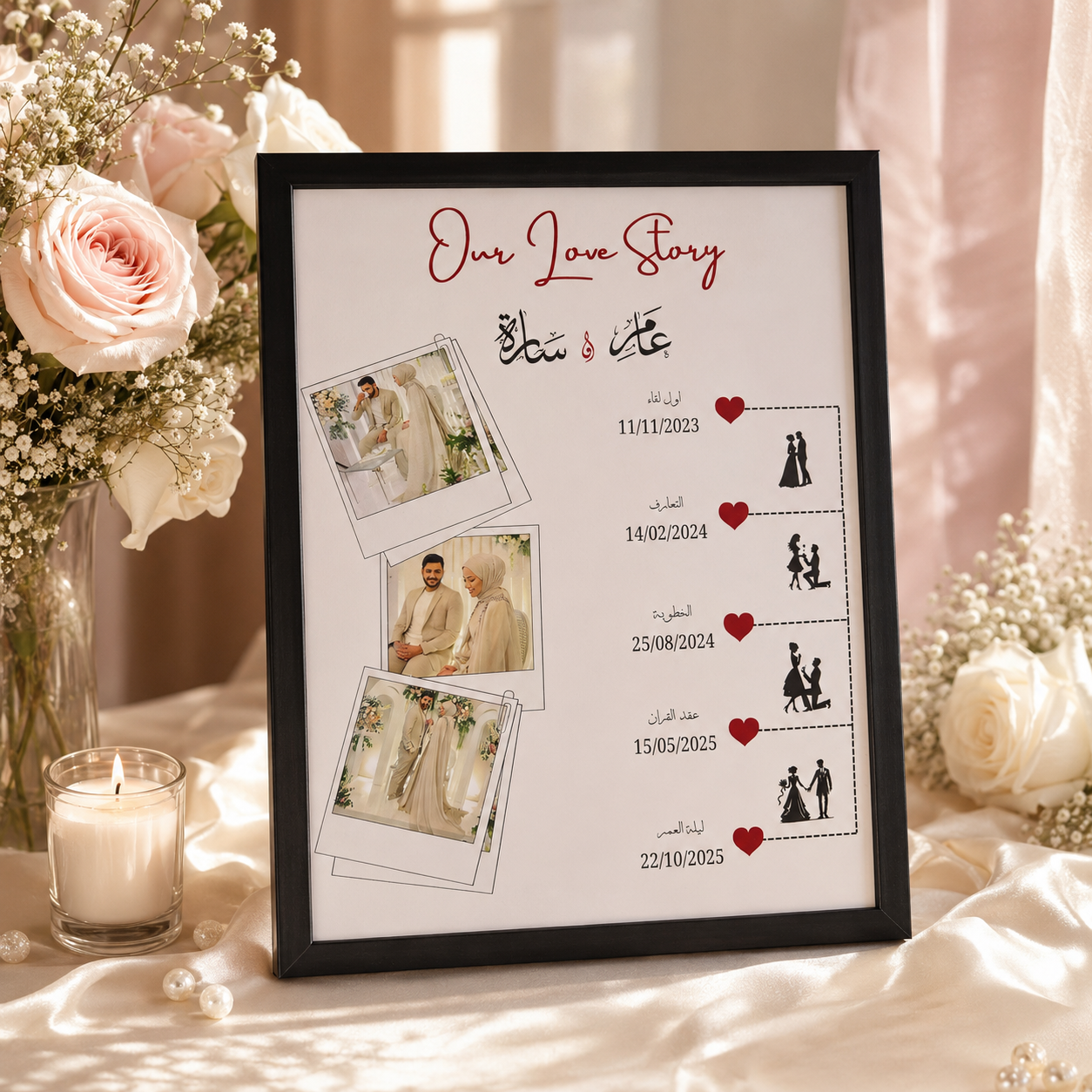Personalized wedding frame styled with roses and gold accessories by Ronaia Craft