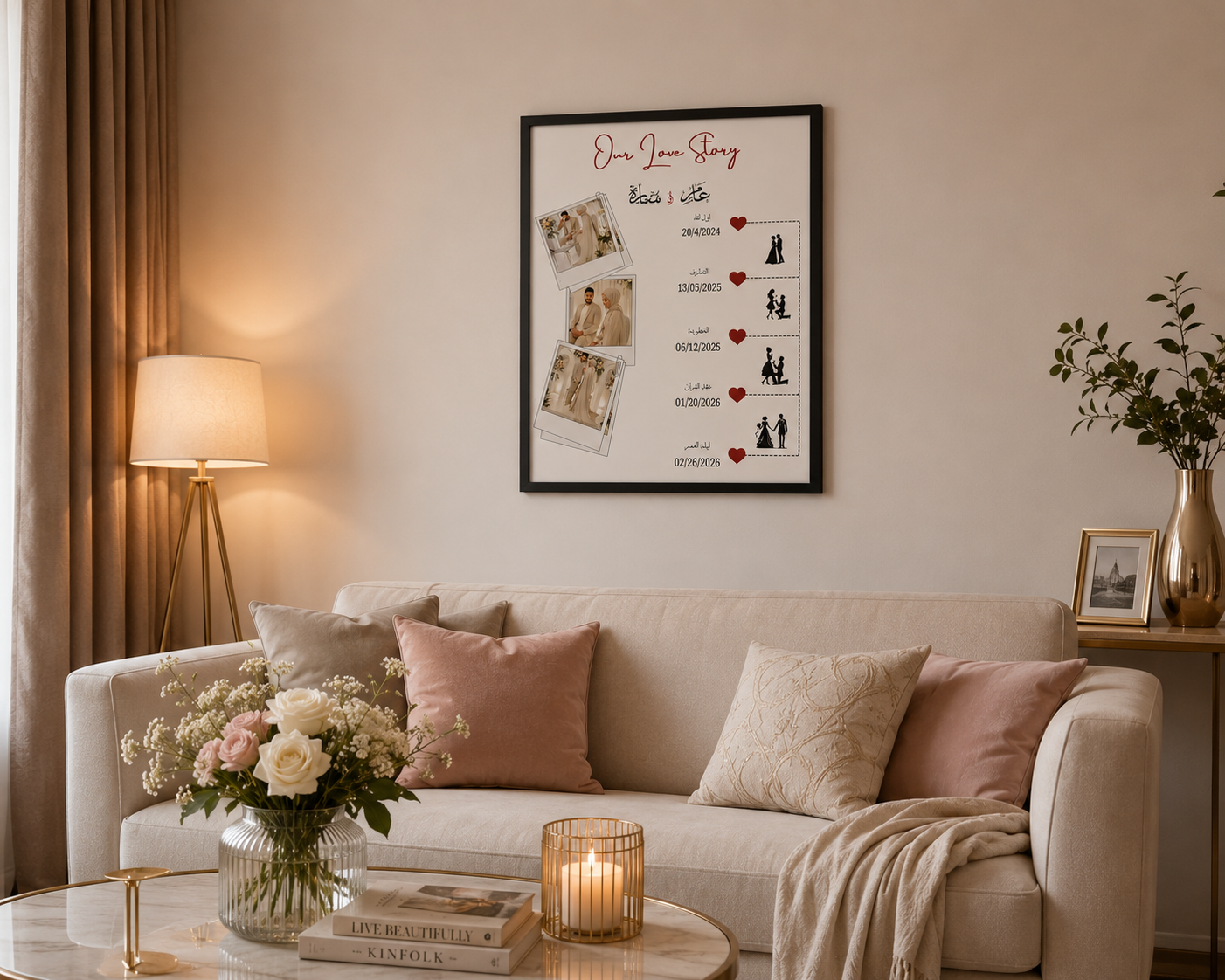 Flat lay of personalized love story frame with ink jar and accessories by Ronaia Craft