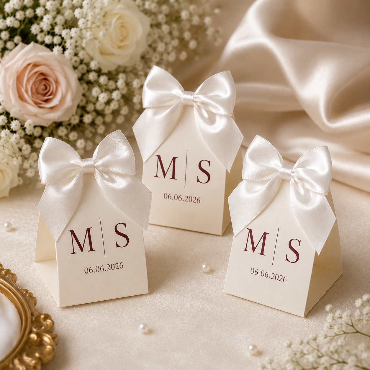 Personalized event favor boxes arranged on satin with roses, pearls and baby breath details