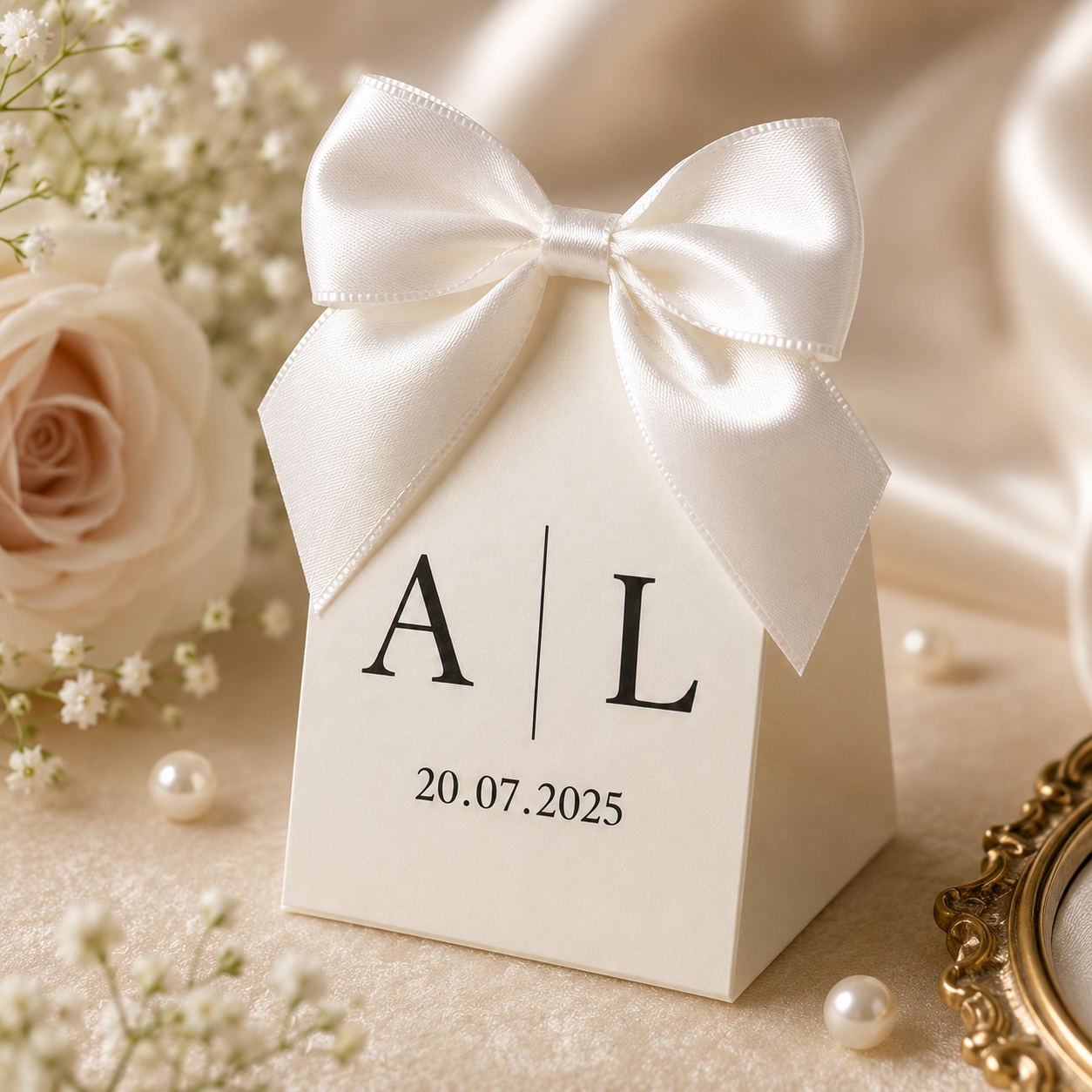 Made to order wedding favor box with satin bow and customized initials for engagement or nikah
