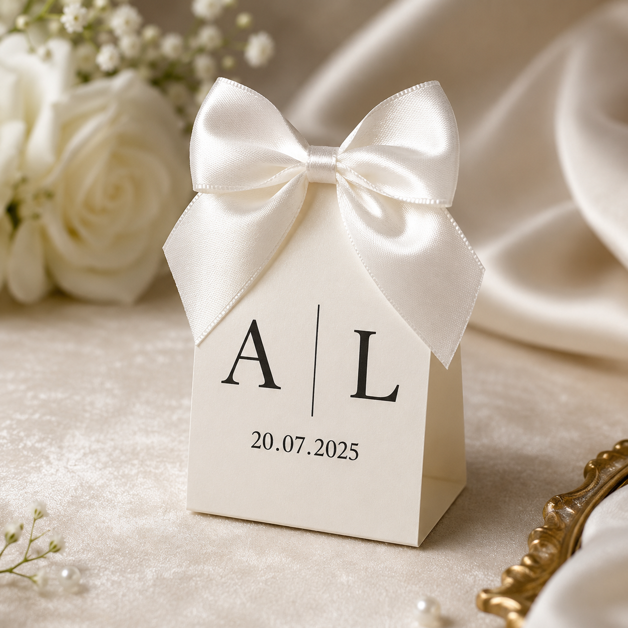 Luxury ivory favor box detail with bow, floral styling and personalized date