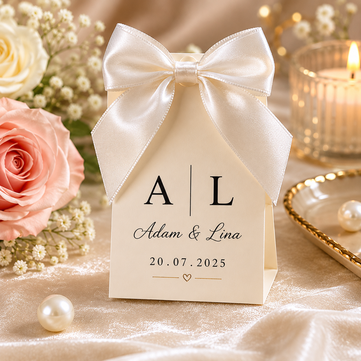 Personalized ivory wedding favor box with white satin bow, custom initials and event date by Ronaia Craft