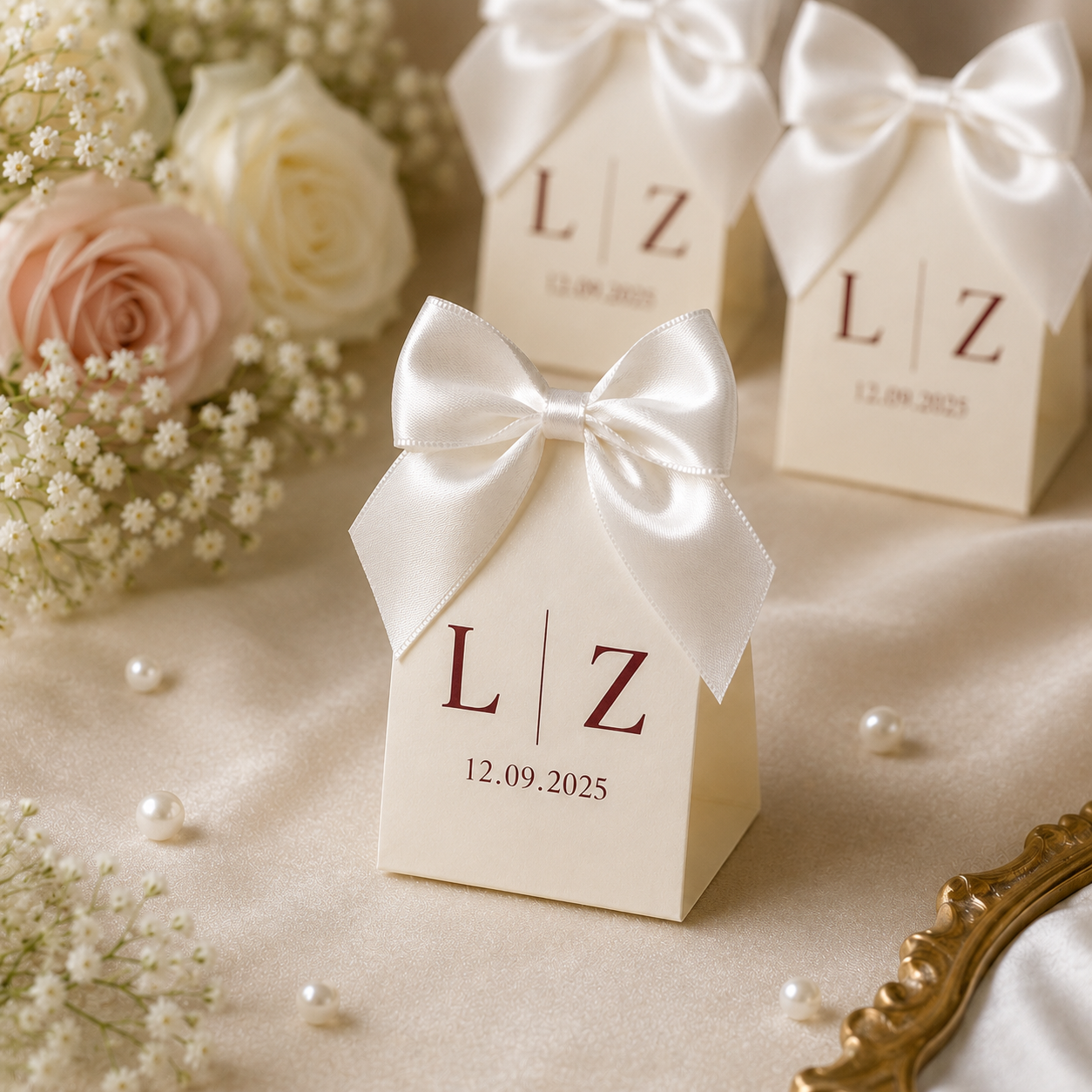 Ronaia Craft personalized wedding favors shown in soft ivory and champagne gold styling