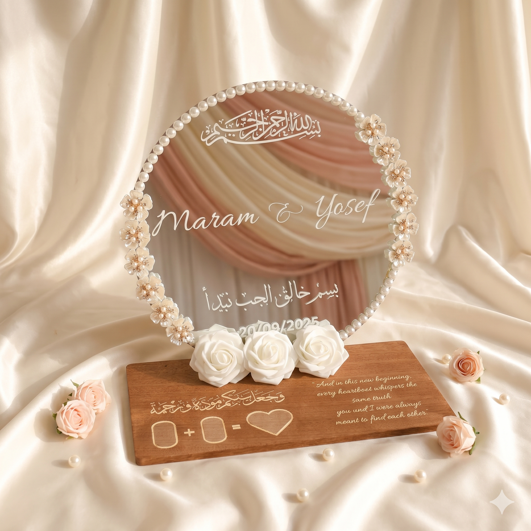 Personalized Mirror Ring Tray – Custom Names, Date & Pearl Border - الصورة 3