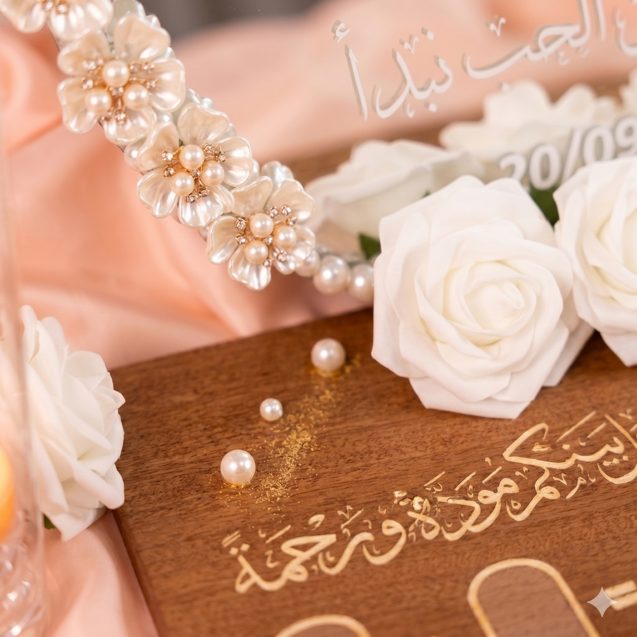 Personalized Mirror Ring Tray – Custom Names, Date & Pearl Border - الصورة 2