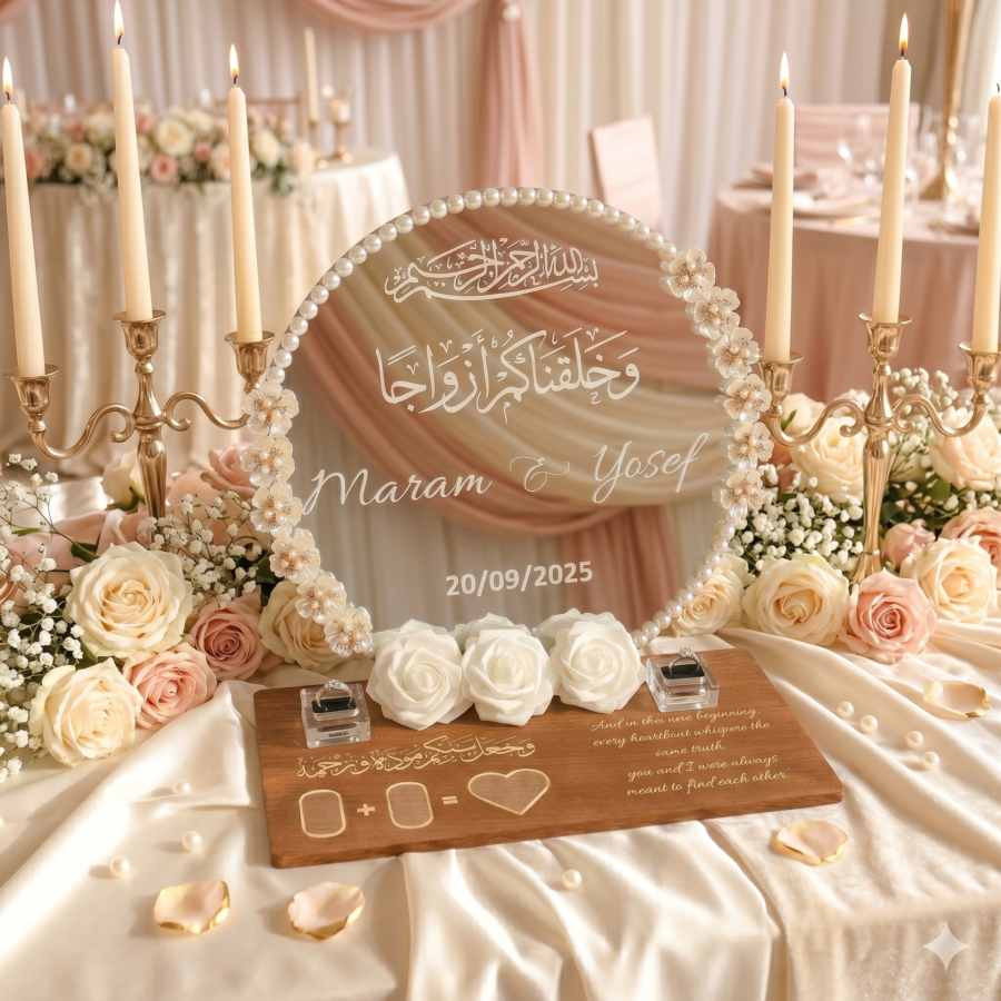 Personalized Mirror Ring Tray – Custom Names, Date & Pearl Border