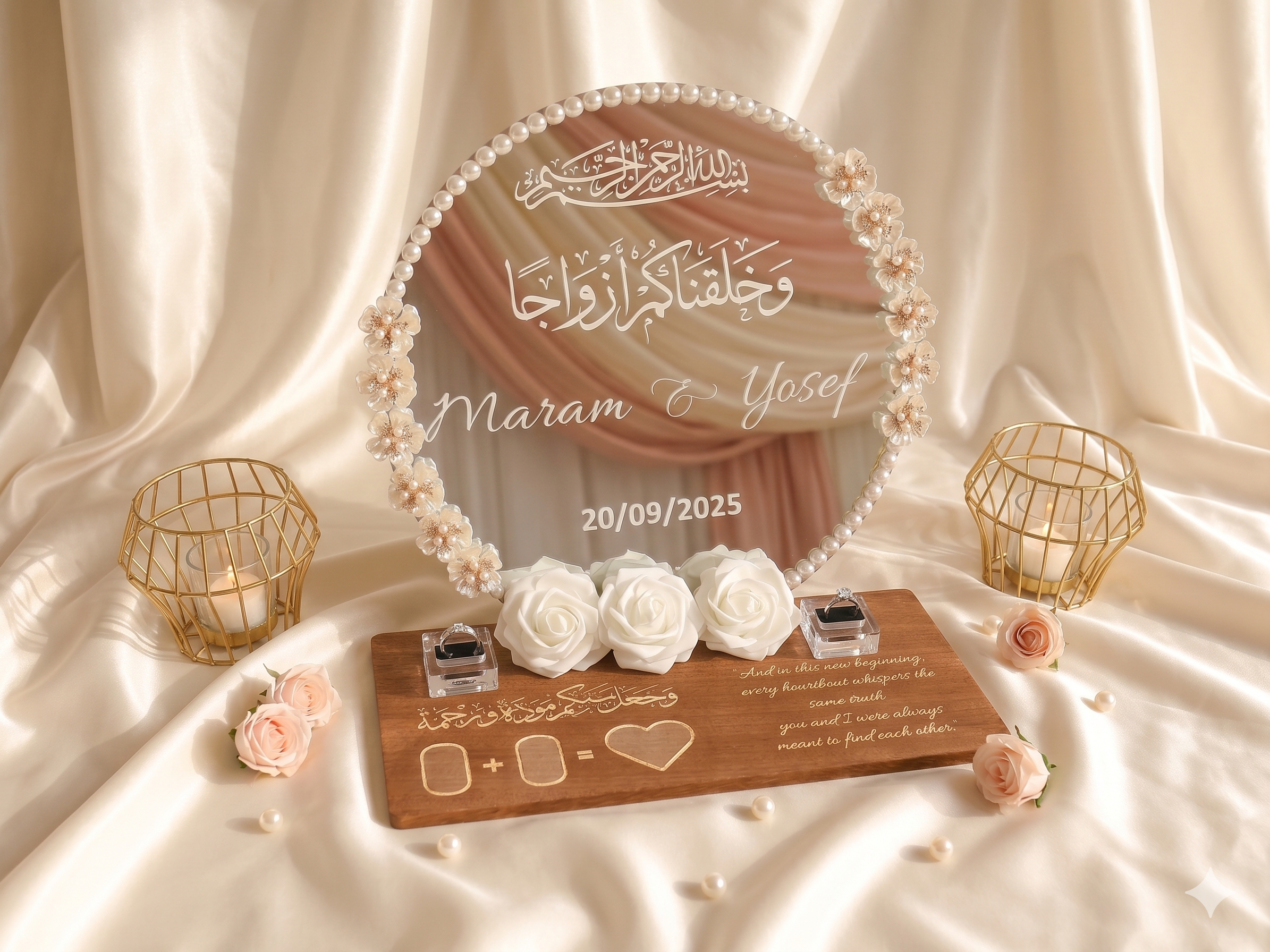 Personalized Mirror Ring Tray – Custom Names, Date & Pearl Border - الصورة 4